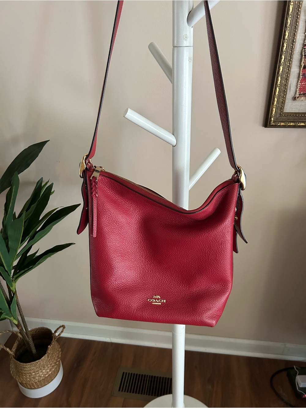 Coach Red Pebbled Leather Shoulder Bag with Gold Hardware